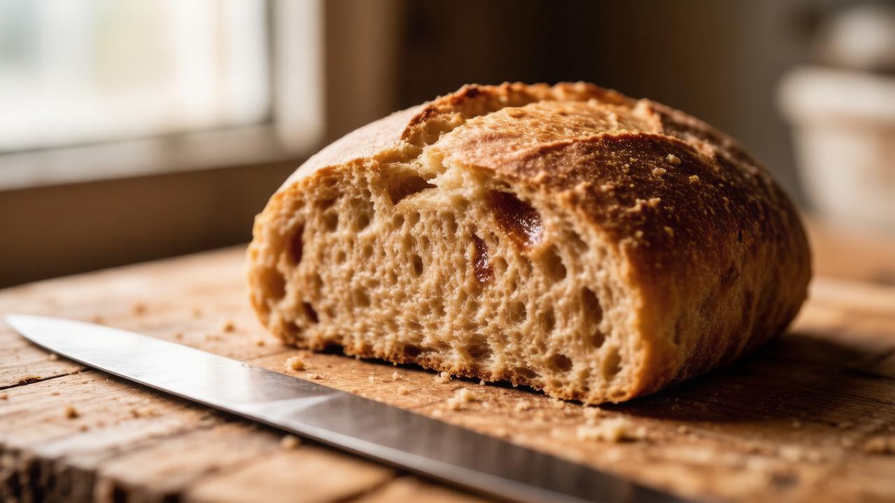 Буханка пшеничного хлеба с признаками картофельной болезни на деревянной доске.
